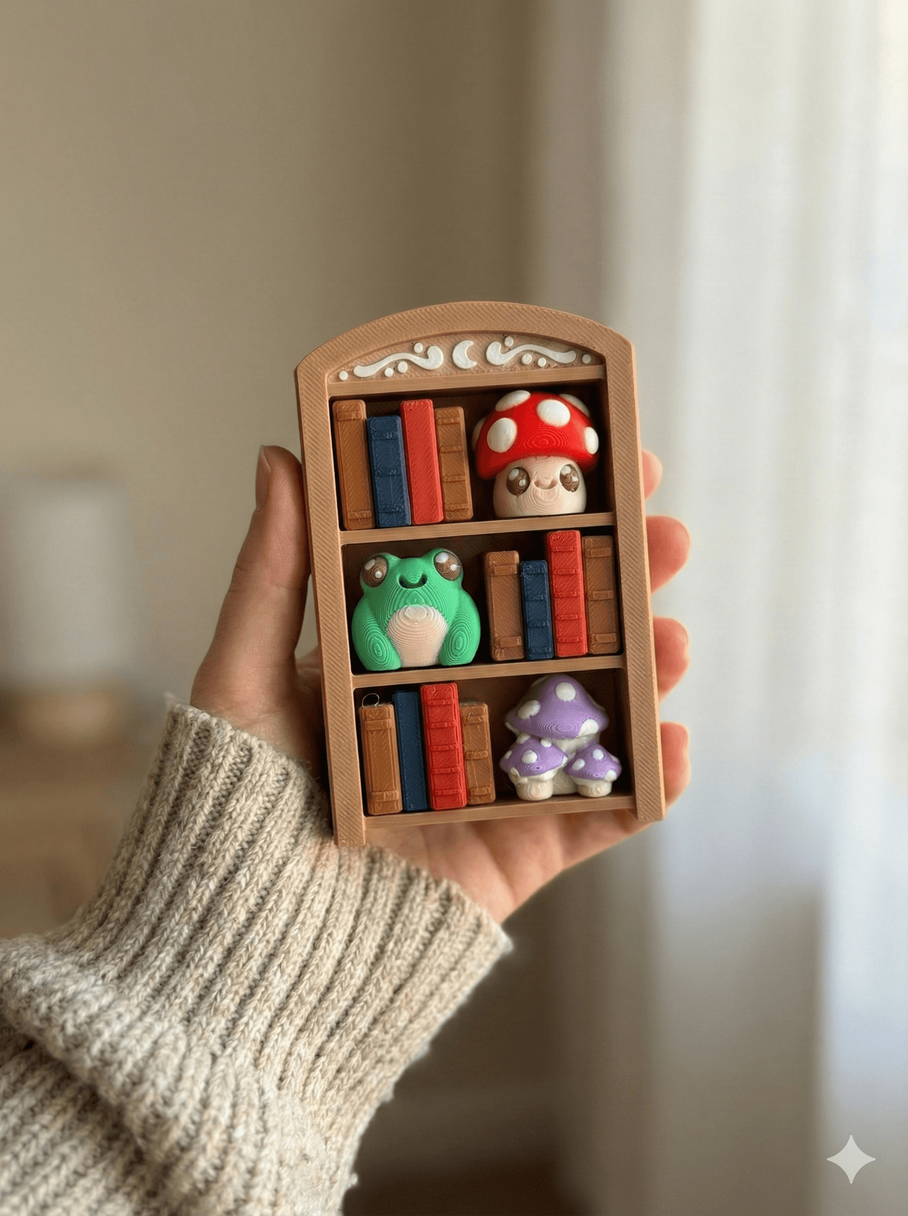 Custom bookshelf fidget clicker showing artisan keycap designs and customization options